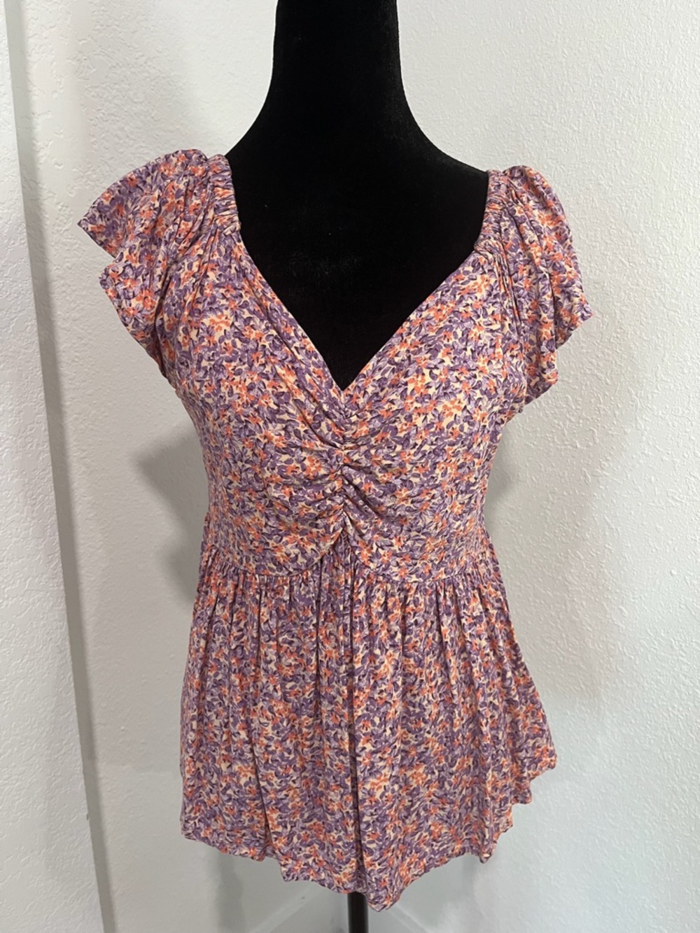 Japna Floral Gathered V-Neck Top - Purple & Peach